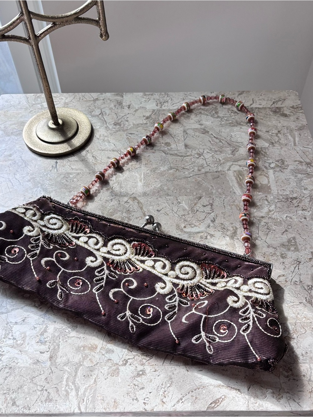 Beaded Embroidered Evening Clutch - Brown with Cream Accents